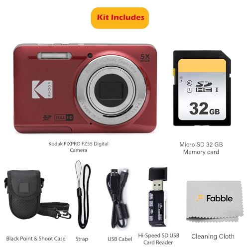Image of KODAK PIXPRO FZ55 16MP Digital Point & Shoot Camera, 5X Optical Zoom, 28mm Wide Angle, 1080P Full HD Video, Bundle with 32GB SD Card, Protective Case, and Hi-Speed Card Reader (Red)