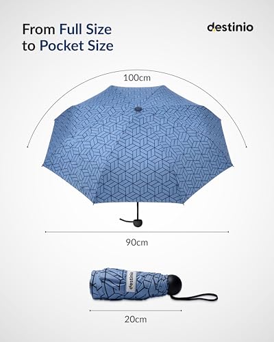 Image of Destinio Capsule Umbrella, 5 Fold Manual Open 19 Inch Small Umbrella for Women and Men with UV Coating for Sun Protection, Foldable Mini Umbrellas for Rain and Sun (Navy Blue Printed)