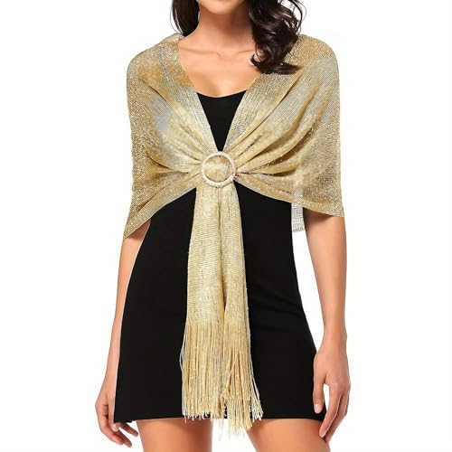 Bufanda Mujer Fiesta,Chales Metálicos Brillantes con Hebilla Chales y Envolturas Metálicas Brillantes,Bufanda Elegante para Mujer para Vestidos de Fiesta de Noche,Bodas y Fiestas（Oro） (Oro)