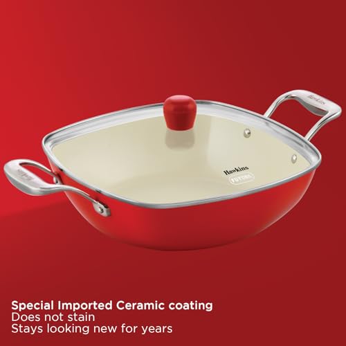 Image of Hawkins 3 Litre Que Cera Cera Kadhai with Glass Lid - Induction & GasSquircle Shape Kadai for Frying | Sauteing & Everyday Cooking | Red (ICQK30G)
