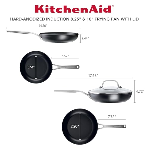 KitchenAid Hard Anodized Induction Nonstick Frying Pan Set With Lid, 3-Piece – 8 & 10 Inch Skillets, Durable, Even Heating, Dishwasher & Oven Safe, Easy-Clean, Matte Black by KitchenAid - Image 2