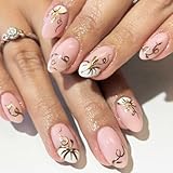 24Pcs Halloween Press on Nails Short Almond Fake Nails with Designs Reusable Nude False Nail Tips Gold Pumpkin Acrylic Nails Halloween Pumpkins Glue on Nails for Women Holiday Nail Decoration