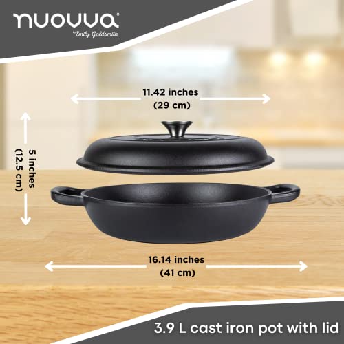 Shallow Cast Iron Casserole with Lid – Non Stick Dutch Oven Pot, Oven Safe up to 500° F – Sturdy Ovenproof Stockpot Cookware – Enamelled Cooking Pot – Black, 3.7-Quart, 30cm – by Nuovva