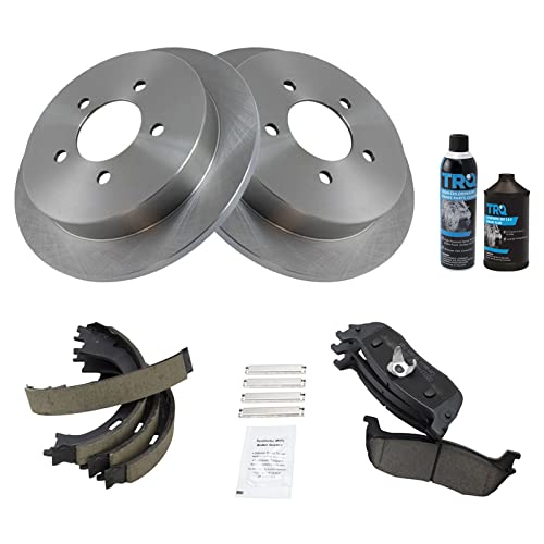 Image of TRQ Rear Brake Kit Ceramic Brake Pad Rotor Parking Shoes w /Chemicals Compatible with 1997-2002 Ford Expedition 1999-2003 F-150 2004 F-150 Heritage 2002 Lincoln Blackwood 1998-2002 Navigator