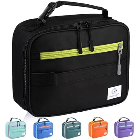 Genteen Insulated Lunch Bag, Lunch Box Kids Double Zipper Kids Lunch Bag,Sturdy Soft Bag & Rectangle Lunch Bag - Boys Mens Lunch Bag Reusable Lunch Bag for School,Work,Outdoor(Black) Cover