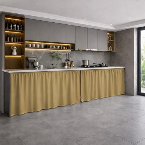 Image of LINENWALAS Under Sink Curtain for Kitchen - Pack of 2 | 132x71 cm Polyester Under-Sink Cover | Washable Storage-Hiding Curtain with Rod Pocket | Kitchen & Bathroom Cabinet Cover (Golden Beige)