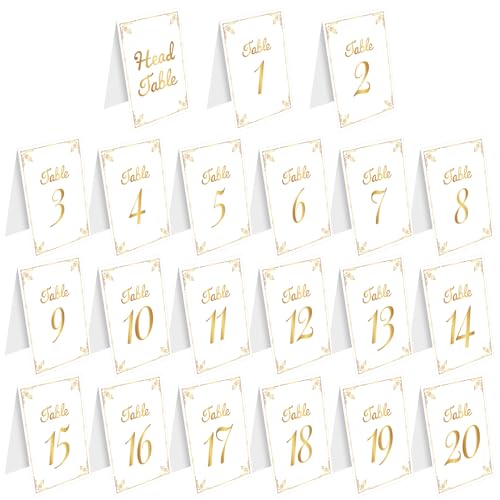 Lot de 21 numéros de table de mariage dorés double face délicats de 1 à 20 - Numéros de table pour réception de mariage - Idéal pour les fêtes de mariage et les banquets