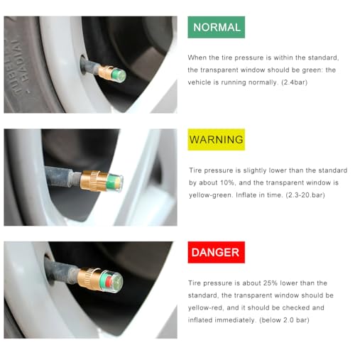 Image of 12 PCS Tire Pressure Monitor Valve Stem Caps, 2.4 Bar 36PSI Pressure Monitor Stem Covers with 3-Color Eye Alert, Easy to Read Sensor Indicator Tire Valve Cap for Most Cars (Golden)