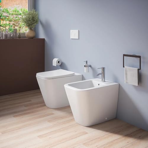 Sanitari bagno filomuro a terra RIMLESS Bidet e Vaso WC in ceramica con sedile coprivaso softclose CUBE