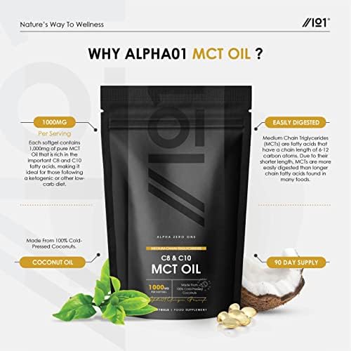 MCT Oil 1000mg - Medium Chain Triglycerides  Made from Coconuts  Source of C8 + C10  Non GMO, Keto, Halal  90 Softgels