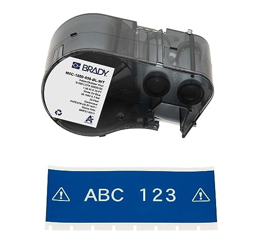 Brady Etiquetas de vinil autĂŞnticas (M5C-1500-595-BL-WT) para todos os climas 3,8 cm L x 7,6 m branco em azul. Para uso com as impressoras de etiquetas BMP51 e M511