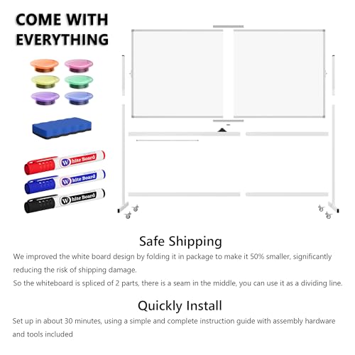 Image of Large Rolling Whiteboard on Wheels, 72 inch x 36 inch Double-Sided Mobile White Board with Stand, 6' x 3' Portable Standing Magnetic Dry Erase Board Easel for Home Office Classroom School, Silver