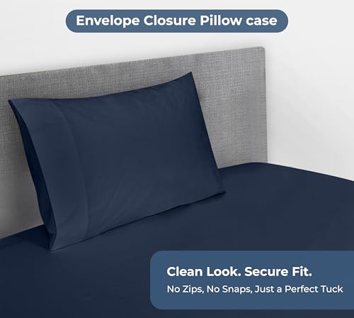 Image of ROYALE LINENS Fitted Sheet with Pillowcase - Twin Fitted Sheets with 1 Pillowcase - 300 Thread Count 100% Organic Cotton - Fit Mattress Up to 18 inch Deep - Ultra Soft & Breathable - Navy (No Flat Sheet)