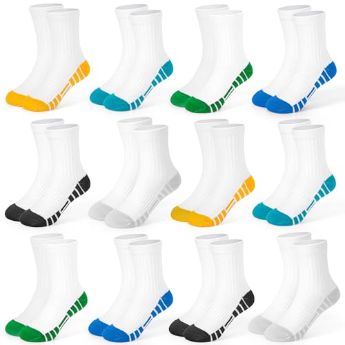 Image of GENTABY 12 Pairs Boys Sports Socks Athletic Cotton Kids Socks Walking Trainer Running Basketball School Crew White Black Soft Sock for boys 5-7 Years