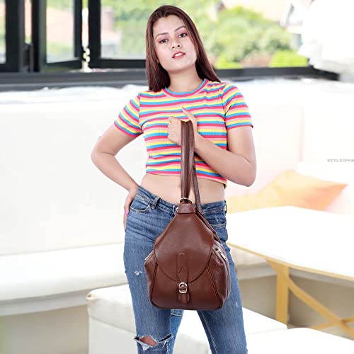 Image of RICHSIGN LEATHER ACCESSORIES 2 In1 Full Grain Natural Leather Backpack & Shoulder Handbags For Women Office (Dimension-L-9 X H-12 X W- 5 Inch) Weight- 0.6 KG / 600 GR.