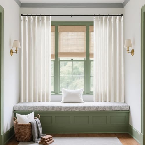 Image of Cream Ivory Pinch Pleat Linen Short Curtains 54 Inch Long for Kitchen Pleated Hooks Rings Back Tab Light Filtering Boho Farmhouse Semi Sheer 54 Inch Curtain for Dining Room Bedroom Small Window