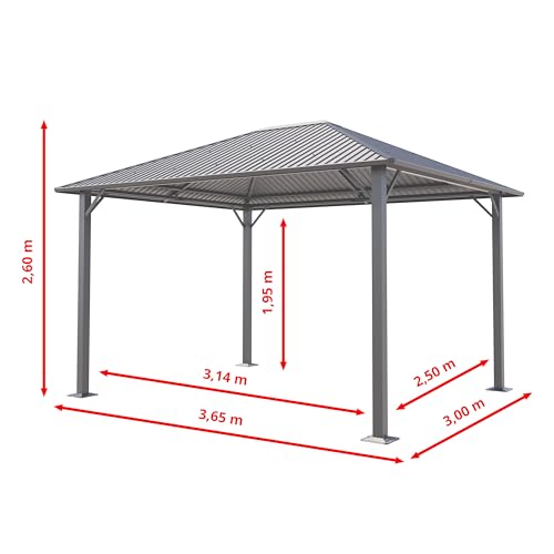 TOOLPORT Garden Gazebo 3x3.65 m with Steel Roof - Hardtop Pavilion with 4 Curtains and 4 Mosquito nets in grey - Image 5
