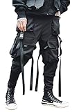 MOKEWEN Men's Techwear Bandage Multi Straps Jogger Pants with Drawstring Black W29-30