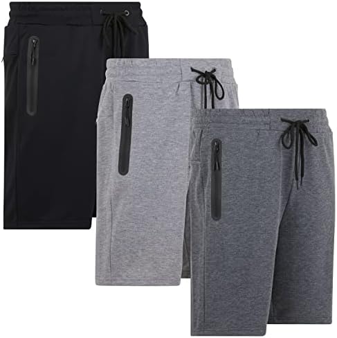 PURE CHAMP Mens 3 Pk French Terry Cotton Casual Gym Shorts for Men Athletic Workout Training Sweat Shorts with Zipper Pocket