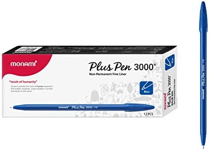 MONAMI Plus Pen 3000 Felt Tip Pens, Fine Point (0.4mm), Fine Liner, Writing/Journaling/Note Taking at home, school and office, Blue, 12-Count