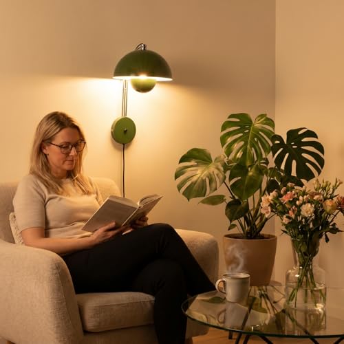 Image of Mid-Century Modern Bud Plug in Wall Sconces for Bedroom, Hunter Green | Indirect lighting reading wall lamp, all-metal construction, plug-in or hardwired install, fits bedroom bedside, living room
