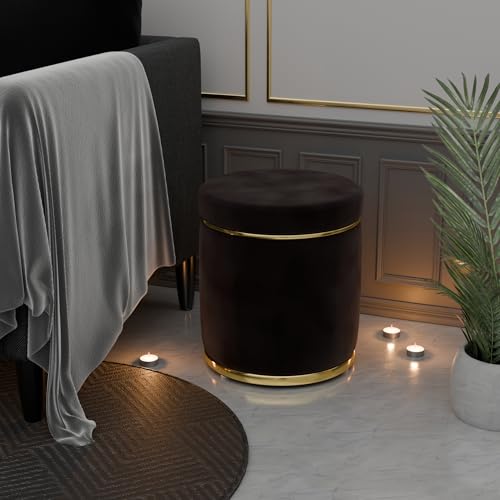 Image of ETIQUETTE ART Upholstered Velvet Round Dual Strip Ottoman Office Stool Foot Rest Stool Linen Fabric Padded Seat Pouf Ottoman with Round Shape for Living Room (Brown)