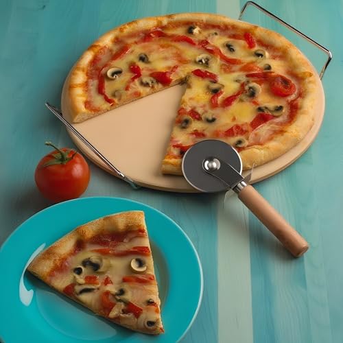 HUSHAX Rund Pizzastein, Brotbackstein Für Backofen 33 Cm, Pizzastein Für Gasgrill, Hitzebeständiger Backstein Für Brot Keksen, Hitzebeständig, Mit Drahtgriff und Pizzamesser