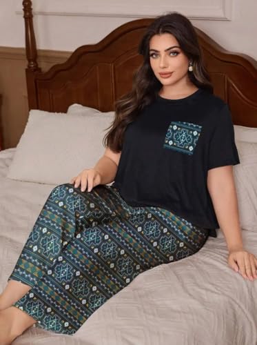 Image of Celary Women's Cotton Blend Printed Night Suit Set||Soft & Breathable Short Sleeve Top & Ethnic Print Pyjama Set||Also Available in Plus Size||Korean Night Suit||Comfortable Home Wear & Sleepwear