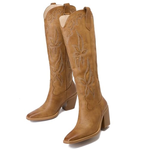 GOSERCE Cowboy Boots for Women - Western Cowgirl Boots Knee High Country Boots Pointed Toe with Embroidery Chunky Stacked Heel3
