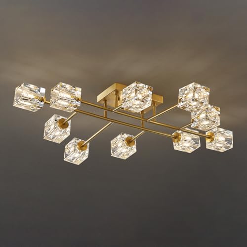 YFMYY Lámpara de Techo de Cristal Moderna, lámpara de Techo de Montaje semiempotrado de Mediados de Siglo, candelabros Sputnik Dorados Iluminación de Techo para Dormitorio Sala de Estar Comedor