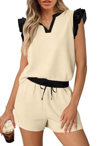 MEROKEETY Women's Summer Two Piece Short Sets Ruffle Sleeve V Neck Cute Tops Matching Lounge Outfits