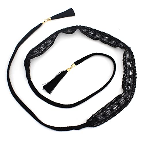 Women Girls Braided Knotted Waist Belt Skinny Mixed Color Rope Exotic Chain Tassel For Dress Skirt (Black Lace) #TOP3