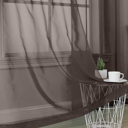 Image of Chocolate Brown Sheer Curtains 84 Inches Long 2 Panels, Light Filtering Sheer Curtains for Living Room Bedroom, Rod Pocket Sheer Brown Drapes Window Treatments, Each 42Wx84L