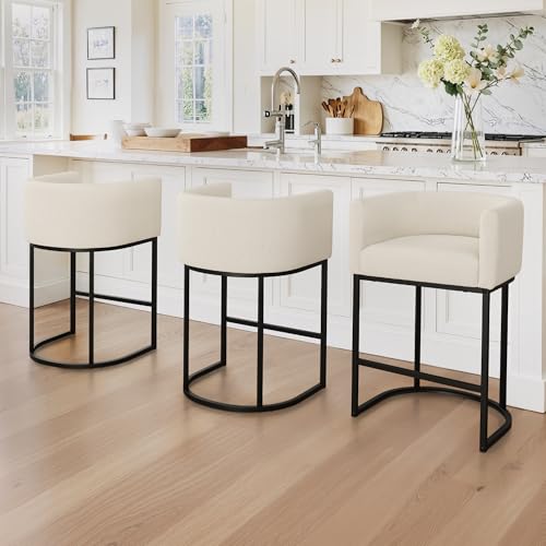 Image of LUE BONA Counter Height Bar Stools Set of 3, Modern Barrel Counter Stools with Backrest and Arms, Black Metal Frames, Linen Fabric Upholstered Barstools for Kitchen, Light Linen Color