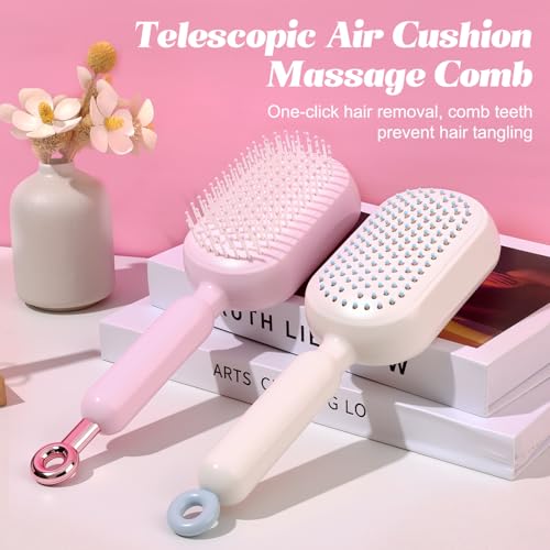 Self Cleaning Hair Brush, Retractable Cushion Massage Comb,Air Cushion Comb,Easy Clean,One-pull Clean Anti Static Brushs, Hairs Styling Tools for All Hairs Types ((Pink+White)) by Generic - Image 3