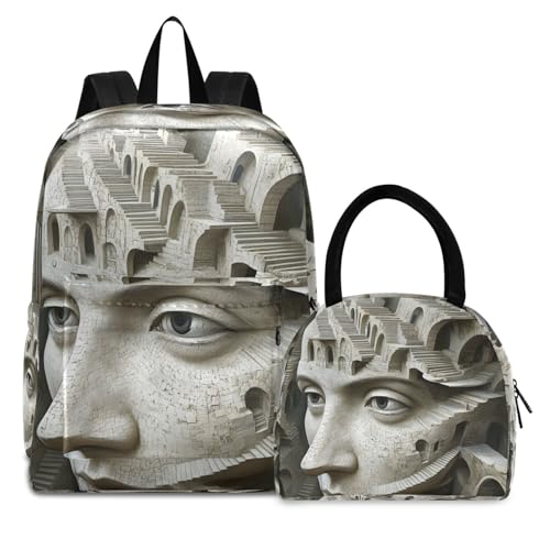 Backpack Lunch Box Set Large Capacity Travel Backpacks and Insulated Lunch Bag for Commute Hiking Picnic Human Face Art Print