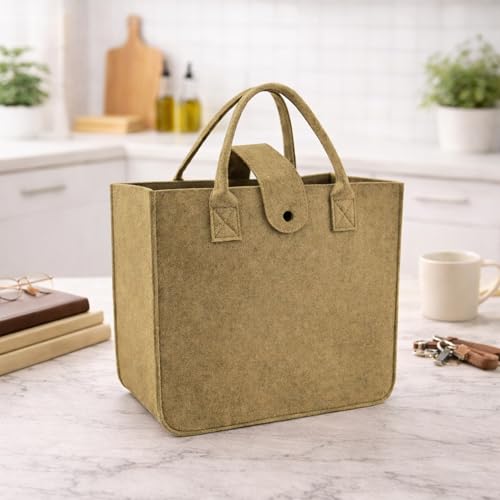 Image of Felt Fabric Reusable Shopping Bag with Handle & Button Closure for Grocery, School, Beach, Travel, Study, Gym, Gifts | Size - 30x34.5x17.8cm