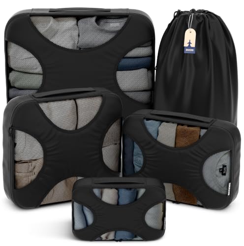 Shacke 5 Set Packing Cubes for Travel with Laundry Bag (Pure Black) | Suitcase Organizer Bags Set: 4 Water-Resistant Luggage Cubes, XL to Small, + Laundry Bag for Carry-On or Checked
