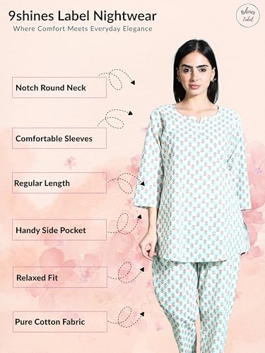 Image of 9shines Label Pure Cotton Printed Women Top & Pyjama Set | Pyjama co-ord Set | Night Suit | Lounge wear for Home | Nightwear Set for Women | Night Dress for Women Stylish (COPJ-5)