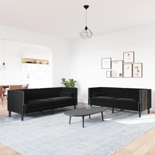 Mimdixy Sofa Wohnzimmer Relaxsofa,2-TLG. Chesterfield-Sofa-Set mit Nackenrollen Schwarz Samt – Bild 3