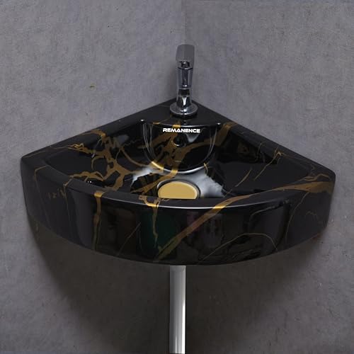 Image of REMANENCE Ceramic Wall Hung Corner Wash Basin for Bathroom | Wall Mounted Corner Sink (20.4 x 15 x 6 Inch) (Black Gold Jelly)