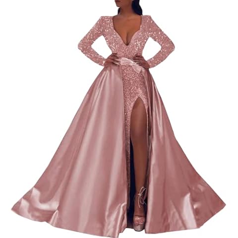 Dusty Rose Mermaid Prom Dresses with Slit Sparkly Tight Sequin Formal Gown with Removable Train Sexy Long Sleeve Ball Gown 12 Cover