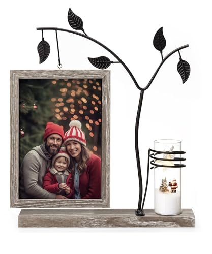 Afuly Marco de Fotos 13x18 Madera Vintage Marrón con Jarrón y Árbol de Metal Decoración de Mesa Regalo de Boda Cumpleaños Mudanza Detalle para Mujer Madre Abuela Amigos Familia Pareja