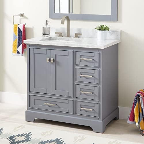 Signature Hardware 480645 Quen 36" Free Standing Single Vanity Set with Wood Cabinet, Vanity Top and Rectangular Undermount Vitreous China Sink - 8" Faucet Holes - Gray/Carrara Marble