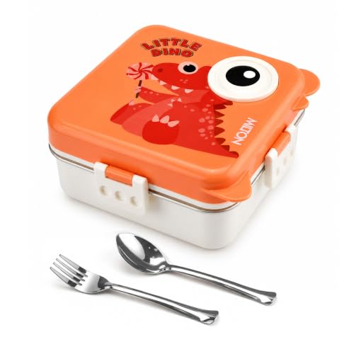 Image of MILTON Dino Pop Bento Stainless Steel Lunch Box, 3 Compartments, 4-Side Lock, with Tray, Spoon, Fork & Container for School, Office, Travel, BPA Free, 1120 ml + 70 ml, Peach