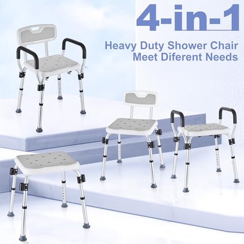 Modundry Silla para Ducha Personas Mayores con Respaldo y Reposabrazos Acolchados, Taburetes de Ducha Antideslizante, Asiento de Baño con Altura Regulable en 6 Niveles Ayuda Ancianos y Discapacitados - imagen 6
