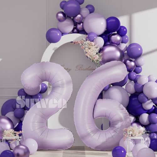 Image of SUWEN 40 Inch Light Purple Large 26 Balloon Number Big Foil Helium Lavender Number Balloons Huge Mylar 0-9 Giant Jumbo Happy 26th Birthday Party Anniversary Decorations