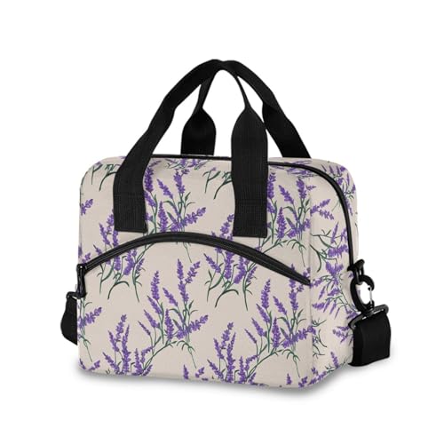 Sinestour Insulated Lunch Bag Reusable Cooler Lavender Flower Beige Lunch Box Adjustable Shoulder Strap for School Office Picnic