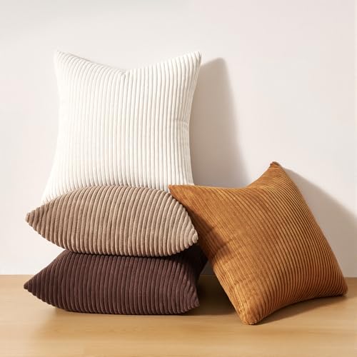 Image of Topfinel Gold Brown Throw Pillow Covers Rustic Modern Soft Corduroy Striped Decorative Cushion Cover 16x16 Inch Gradient Farmhouse Pillow Case Set of 4 for Sofa Couch Living Room Bedroom