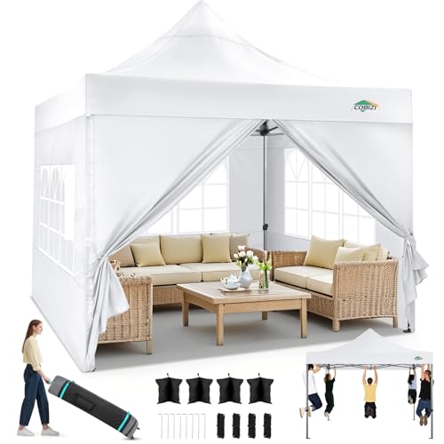 Image of COBIZI 10x10 Heavy Duty Pop Up Canopy Tent with 4 Sidewalls Thicken Frame, Commercial Easy Up Outdoor Wedding Party Tents, All Season Waterproof Windproof with Stakes Sandbags Ropes Roller Bag, Snow